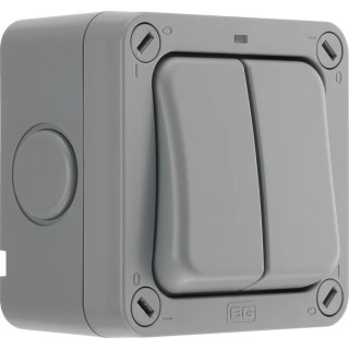 BG Electrical Grey 2 Way Rocker 2 Gang Light Switch, Surface Mount, IP66, 20A, LED Illumination, Storm Series WP42-02