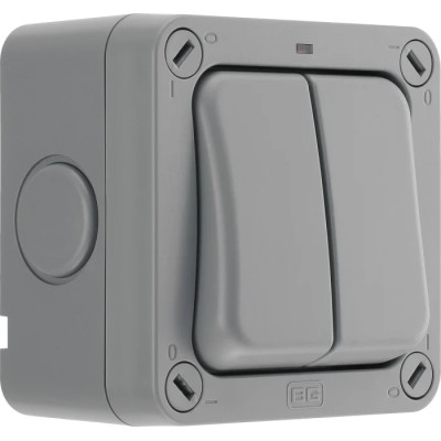 BG Electrical Grey 2 Way Rocker 2 Gang Light Switch, Surface Mount, IP66, 20A, LED Illumination, Storm Series WP42-02