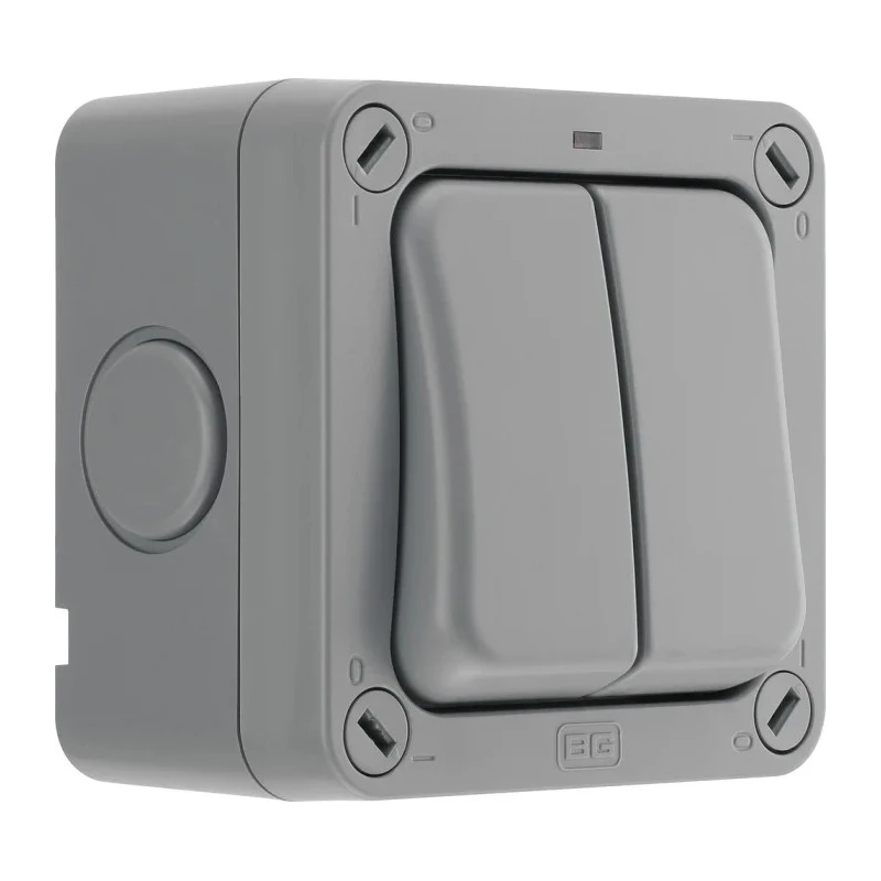 BG Electrical Grey 2 Way Rocker 2 Gang Light Switch, Surface Mount, IP66, 20A, LED Illumination, Storm Series WP42-02