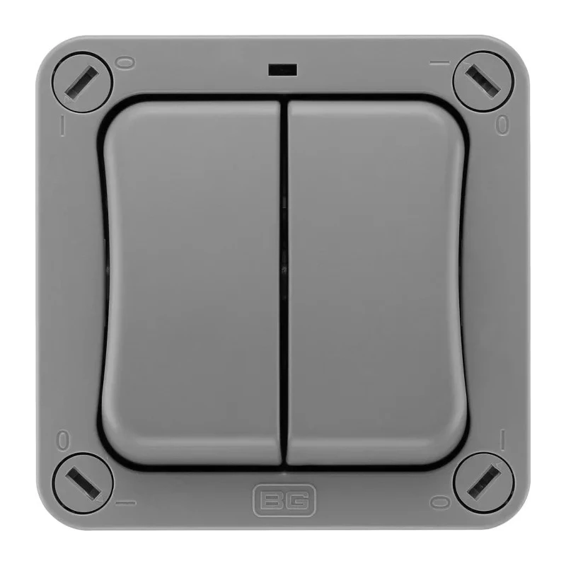 BG Electrical Grey 2 Way Rocker 2 Gang Light Switch, Surface Mount, IP66, 20A, LED Illumination, Storm Series WP42-02