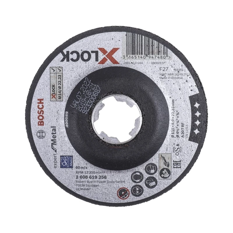 Bosch X Lock Aluminium Oxide Abrasive Grinding Disc, 115 mm Diameter x 6 mm Thickness, 10 Grit, Pack of 10 2608619258