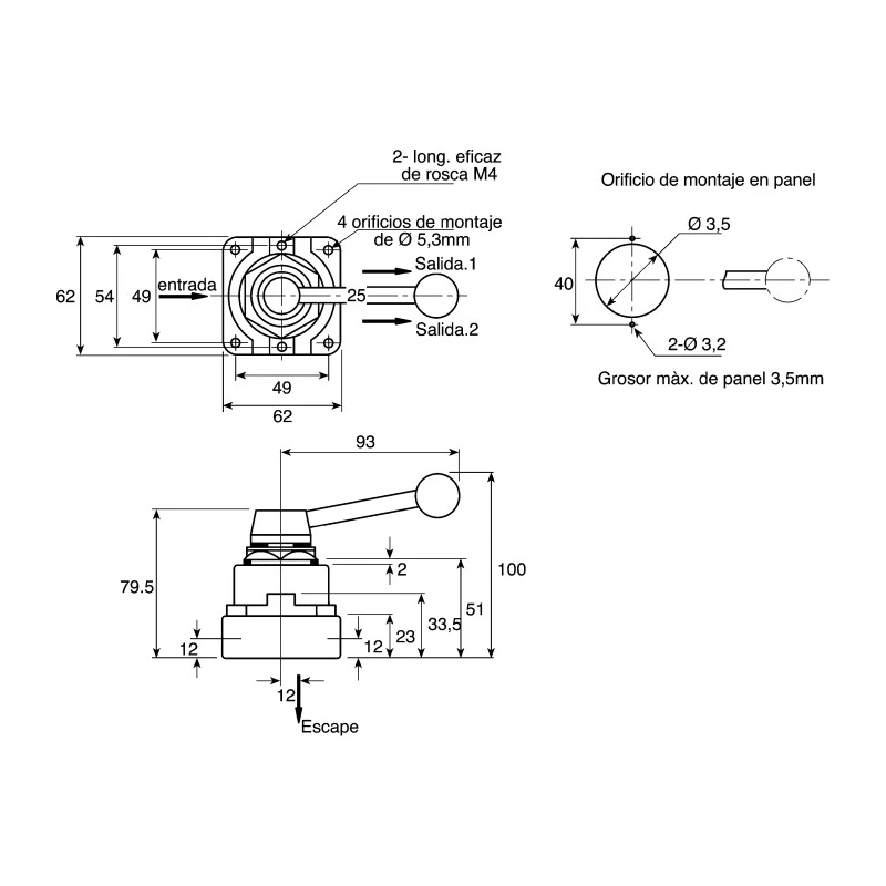 SMC Pneumatic Manual Control Valve with Handle VH Series, 4 Ports, NPT 1/4 in, 4/3 Valve Function, Die Cast VH211-F02