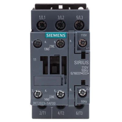 Siemens 3RT2 Contactor, 3-Pole, 110V AC Coil, 9A, 4 kW, 3 NO Auxiliary Contacts, 400V AC 3RT2023-1AF00