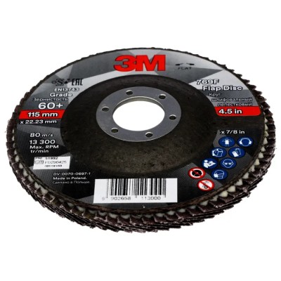 3M Zirconia Aluminium Flap Disc 115 mm Diameter Fine Grade P60 Grit Quick Change Bore 22.23 mm 7100196817