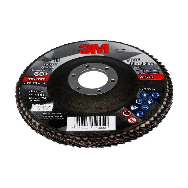 3M Zirconia Aluminium Flap Disc 115 mm Diameter Fine Grade P60 Grit Quick Change Bore 22.23 mm 7100196817