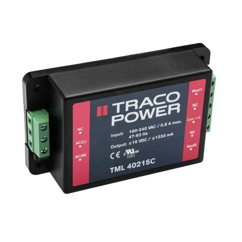 TRACOPOWER Chassis Mount Switching Power Supply 2 Outputs 15V DC 40W Efficiency 83% TML 40215C