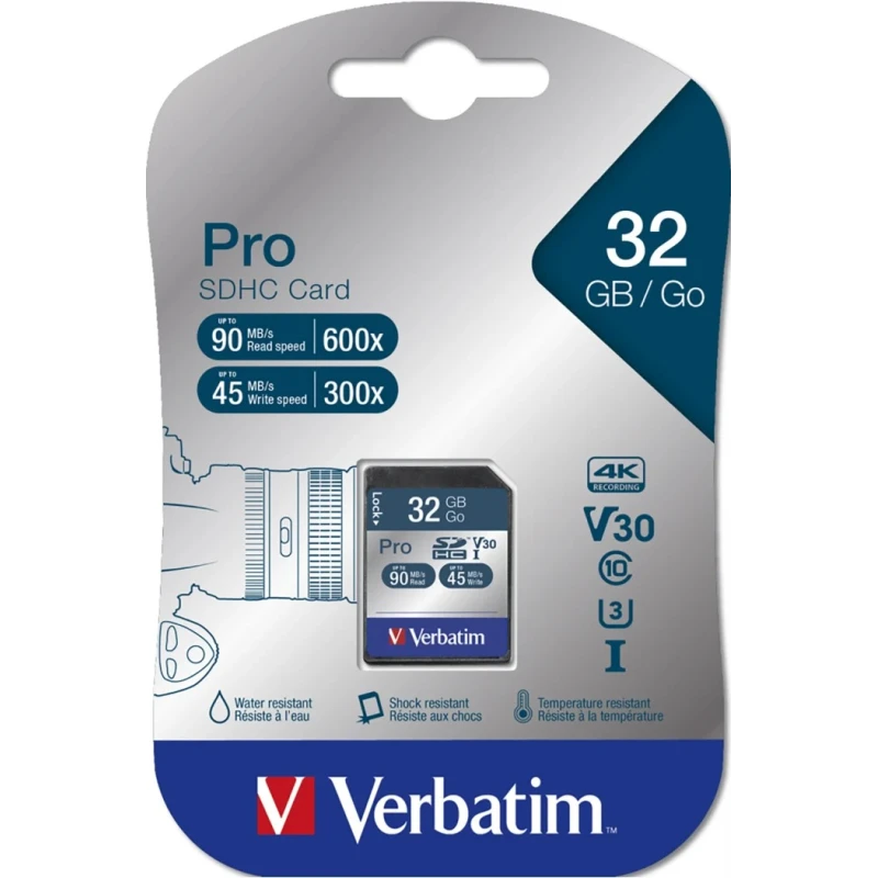 Verbatim 32 GB SDHC Pro Memory Card UHS Speed Class 3 (U3) 90MB/Sec Read 45MB/Sec Write 47021