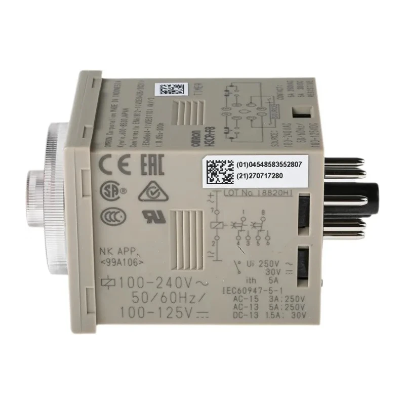 Omron DIN Rail Timer Relay, 2-Contact, DPST Switch, 100-240V AC/100-125V DC, 0.05 s to 300 h Time Range, 1 Function H3CR