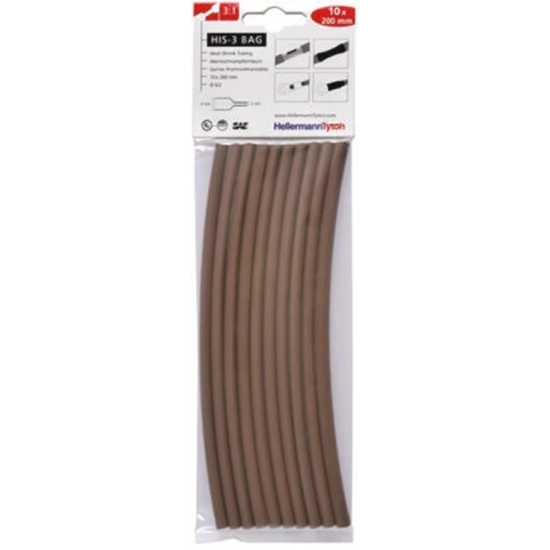 HellermannTyton Brown Heat Shrink Tubing 6 mm Sleeve Diameter x 200 mm Length 3:1 Shrink 308-30614 HIS-3-BAG-6/2-PO-X-BN