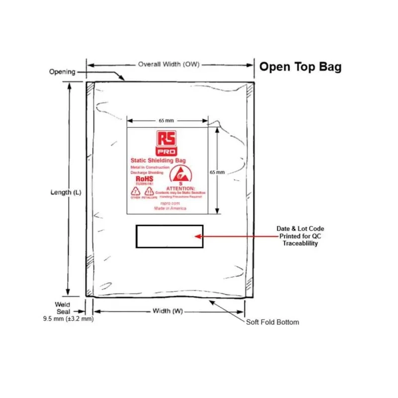 RS PRO Static Shielding Bag 610mm Width Black Open Top 100 Quantity 190-8429