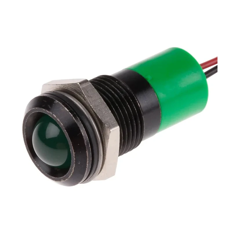 RS PRO Green Panel Mount Indicator 24V DC 20mA Lead Wire Termination IP67 Prominent Bezel 722-7441