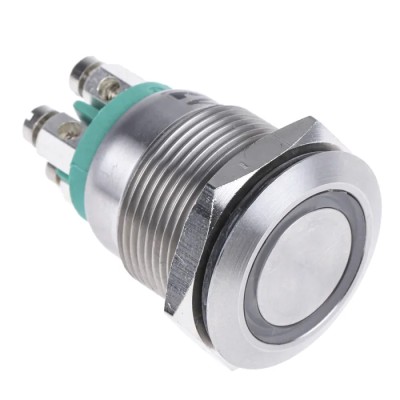 Bulgin Illuminated Push Button Switch 19.2mm Panel Cutout, Momentary SPST, Green LED, IP66, 24V DC MPI002/TE/GN/12