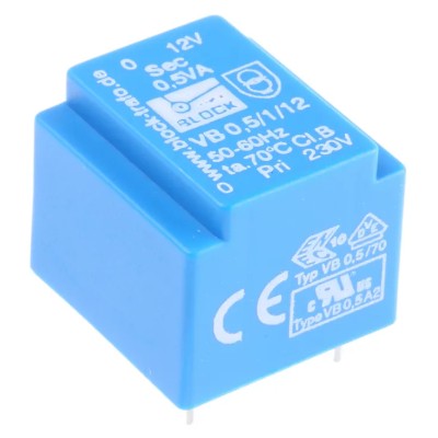 Block PCB Transformer 12 V ac 1 Output Pin, 0.5 VA, C-UL-US, ENEC 10 (VDE) VB 0,5/1/12