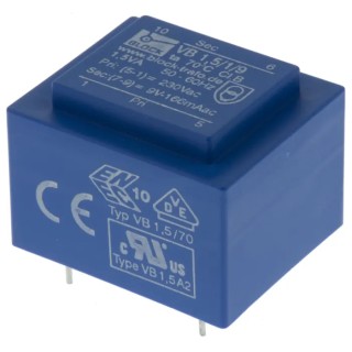Block PCB Transformer 230 V ac Primary, 9 V ac Secondary, 1 Output Pin, 1.5 VA Power, ENEC 10 (VDE) Certified VB 1,5/1/9