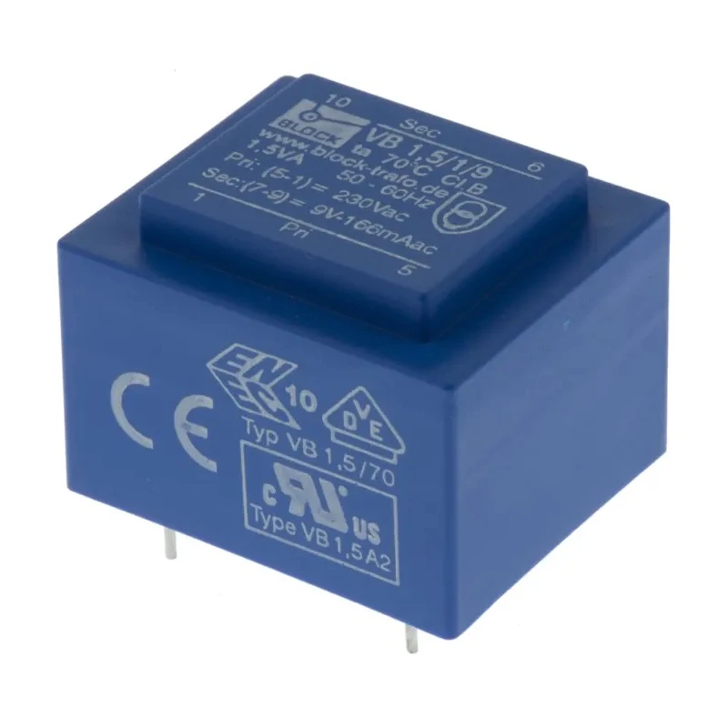 Block PCB Transformer 230 V ac Primary, 9 V ac Secondary, 1 Output Pin, 1.5 VA Power, ENEC 10 (VDE) Certified VB 1,5/1/9