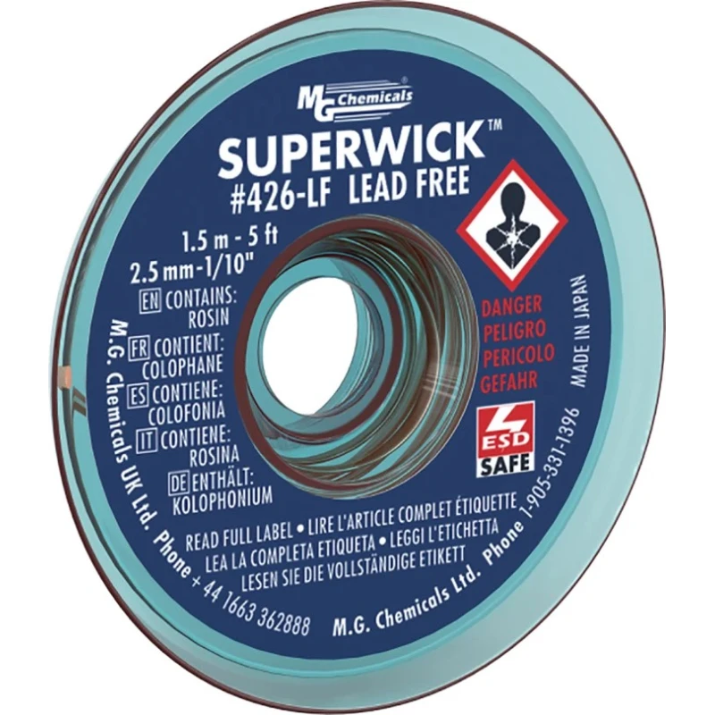 Super Wick Lead Free No Clean De-Soldering Braid, Width 2.5mm, Length 1.5m 426-LF