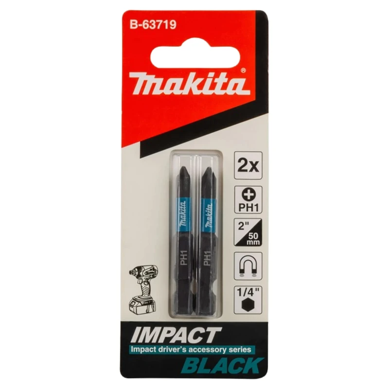 Makita Hex Screwdriver Bit, 6.35 mm Drive Size, PH1 Tip, Hex Drive, 50 mm Overall Length B-63719