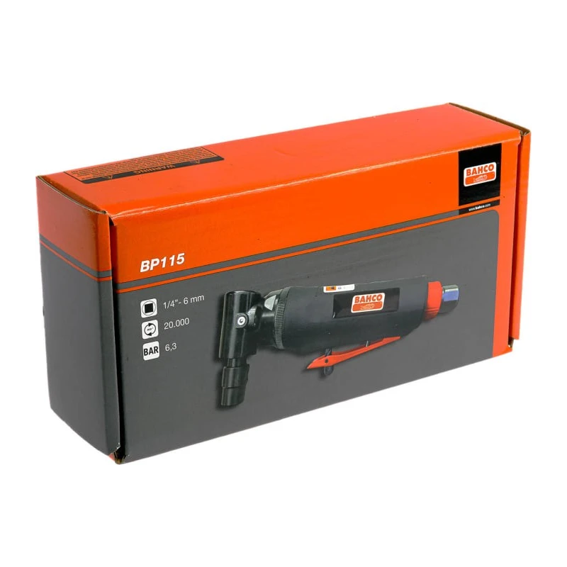Bahco Air Angle Grinder with Rubber Grip Handle 164W Power, 20000rpm Speed, 6.3 Bar Pressure BP115