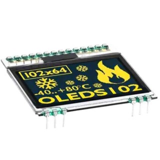 Display Visions 43.18 mm Passive Matrix Yellow OLED Display 102 x 64 Pixel Graphics I2C, SPI EA OLEDS102-6LGA