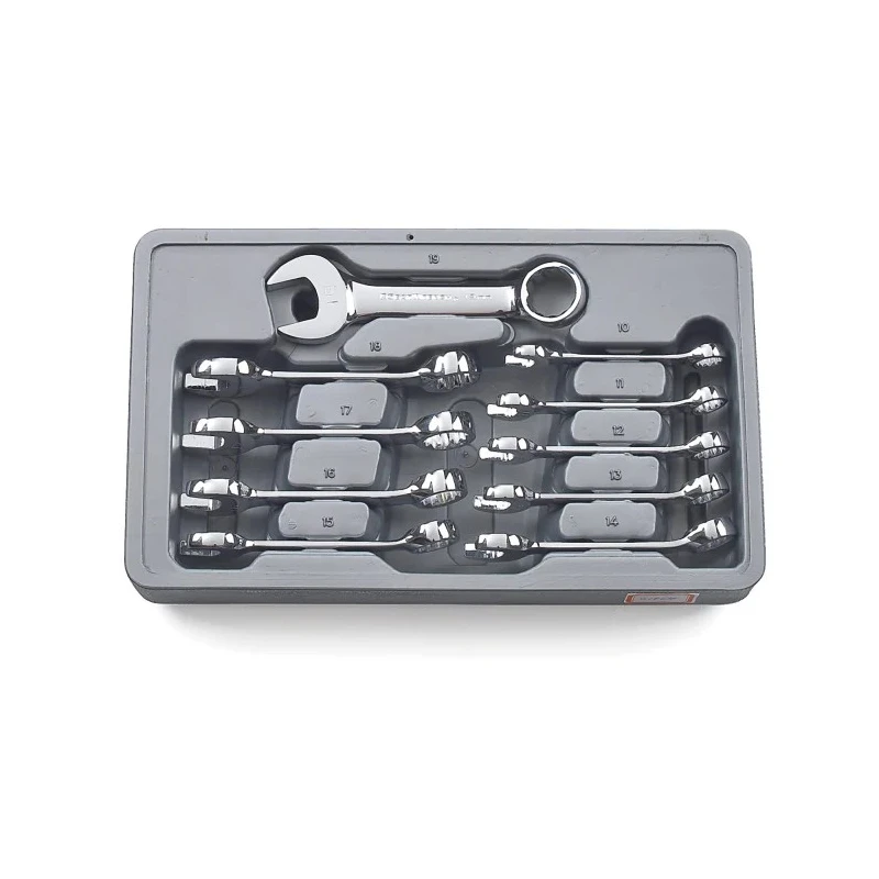 GearWrench 10-Piece Stubby Combination Metric Spanner Set 10 to 19 mm Alloy Steel Full Polish Chrome 81904