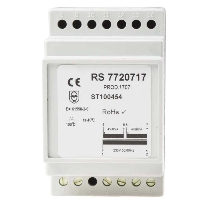 RS PRO 20 VA DIN Rail Transformer, 230 V AC Primary, 4 V AC Secondary, Screw Termination, SI-DIN 35 Series 772-0717