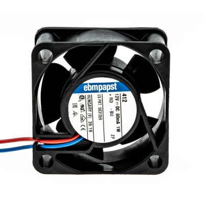 ebm-papst 400 Series Axial Fan, 12V DC, 10 m³/h Air Flow, 800 mW Power, 67 mA Current, 40 mm x 40 mm x 20 mm Sleeve 412