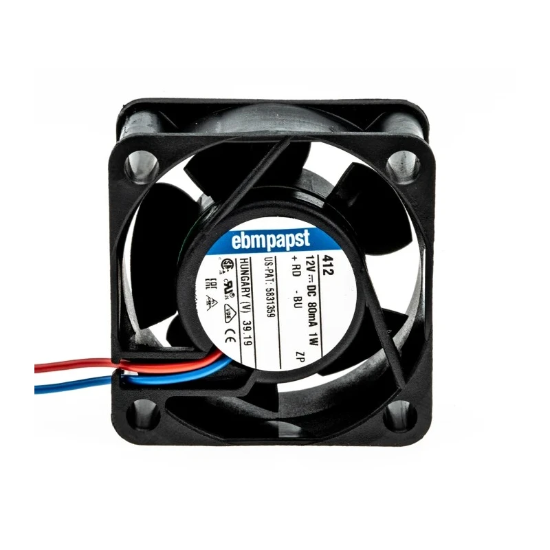 ebm-papst 400 Series Axial Fan, 12V DC, 10 m³/h Air Flow, 800 mW Power, 67 mA Current, 40 mm x 40 mm x 20 mm Sleeve 412