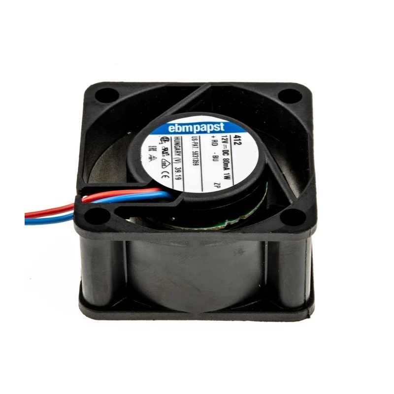 ebm-papst 400 Series Axial Fan, 12V DC, 10 m³/h Air Flow, 800 mW Power, 67 mA Current, 40 mm x 40 mm x 20 mm Sleeve 412