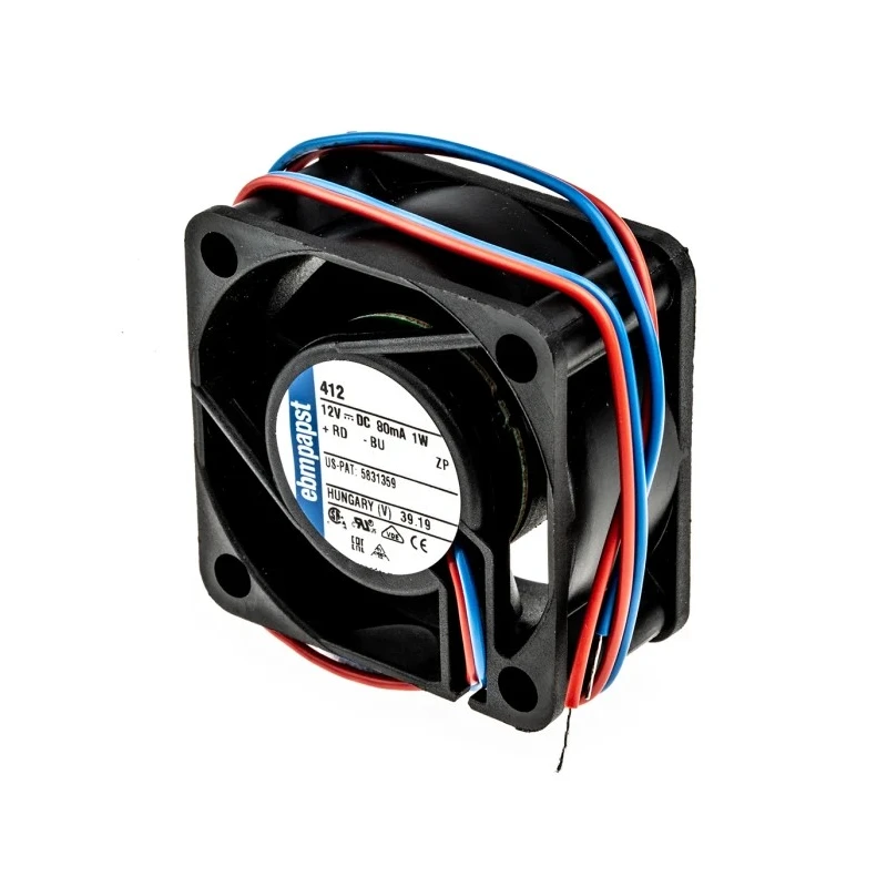 ebm-papst 400 Series Axial Fan, 12V DC, 10 m³/h Air Flow, 800 mW Power, 67 mA Current, 40 mm x 40 mm x 20 mm Sleeve 412