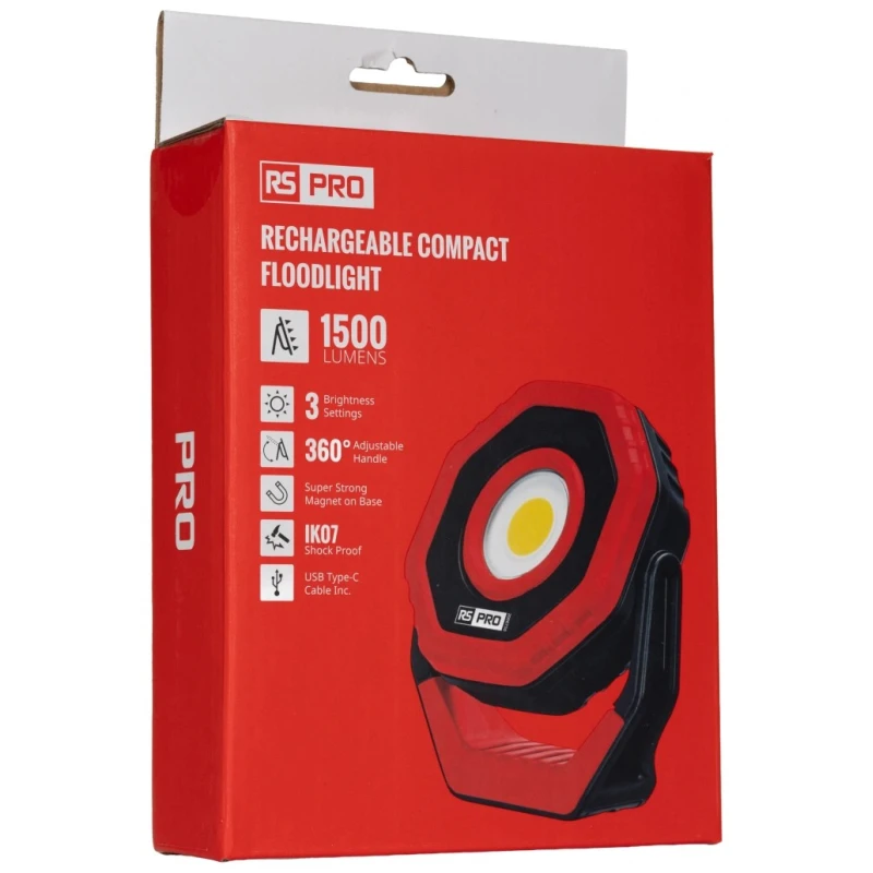 RS PRO Rechargeable COB LED Floodlight Work Light 1500 lm USB Plug IP65 200-6750