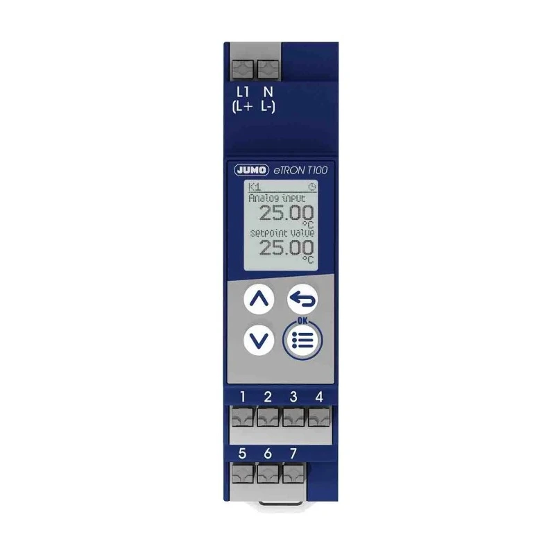 Jumo eTRON T100 DIN Rail On-Off Temperature Controller 1 Input 1 Output Relay 230V 701052/8-02-02-00/000