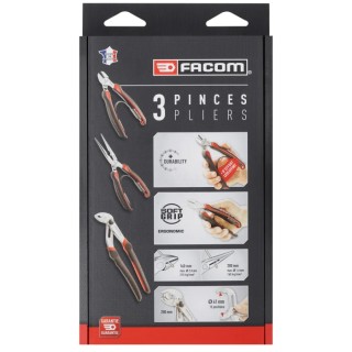 Facom 3-Piece Plier Set Locking Water Pump, Half Round Nose, Diagonal Cutters CPE.A5PB