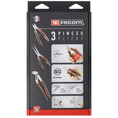Facom 3-Piece Plier Set Locking Water Pump, Half Round Nose, Diagonal Cutters CPE.A5PB