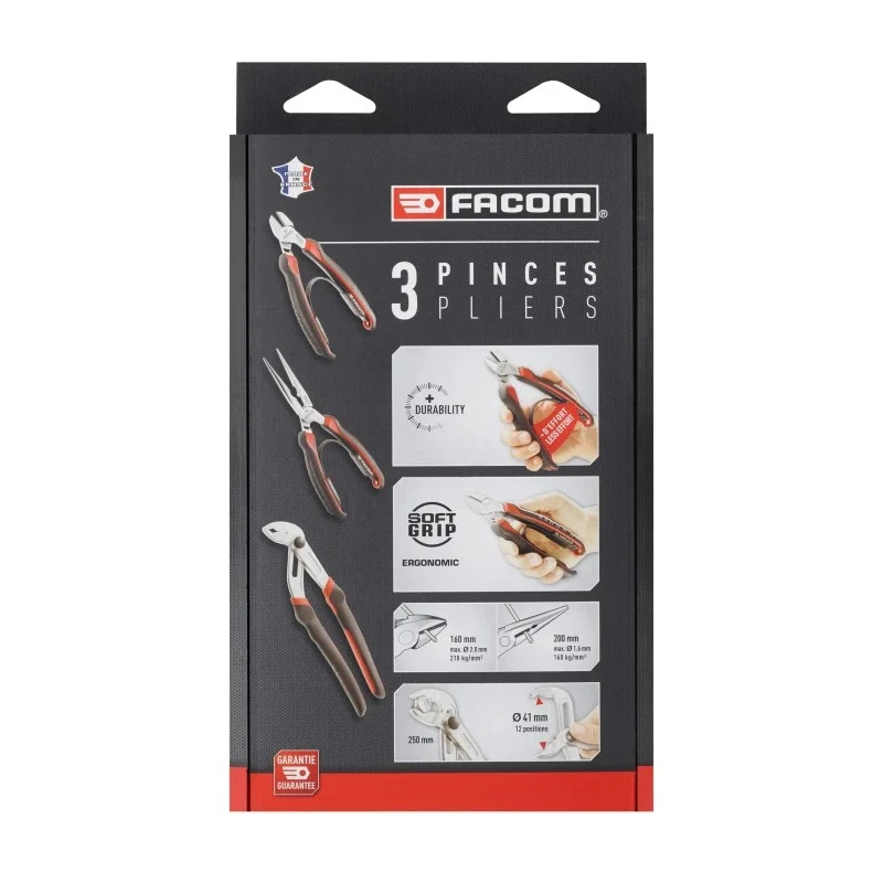 Facom 3-Piece Plier Set Locking Water Pump, Half Round Nose, Diagonal Cutters CPE.A5PB