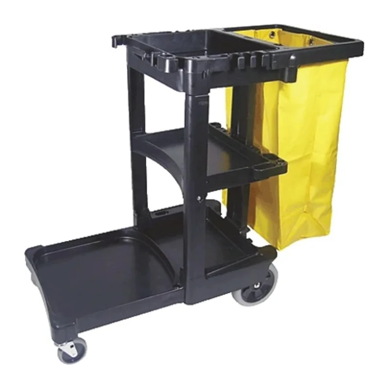 Rubbermaid Commercial Products Professional Janitor Cart Polypropylene Frame 3 Shelves 2 Fixed + 2 Swivel Wheels 1805985