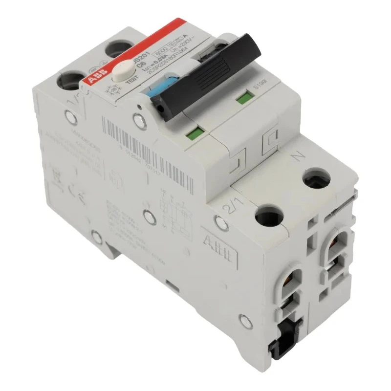 ABB Residual Current Circuit Breaker with Overload Protection 6A Current Rating 2-Pole 30mA Trip Sensitivity Type C DS201