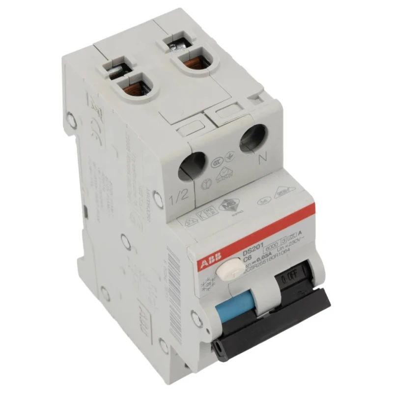 ABB Residual Current Circuit Breaker with Overload Protection 6A Current Rating 2-Pole 30mA Trip Sensitivity Type C DS201