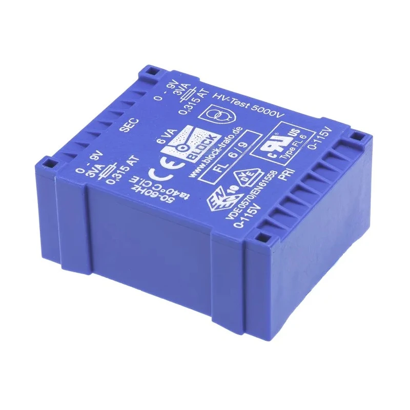 Block 9 V AC 2 Output Pin PCB Transformer, Dual Secondary Windings, Isolation Voltage 5000V, Compact Pin Mount Design FL 6/9