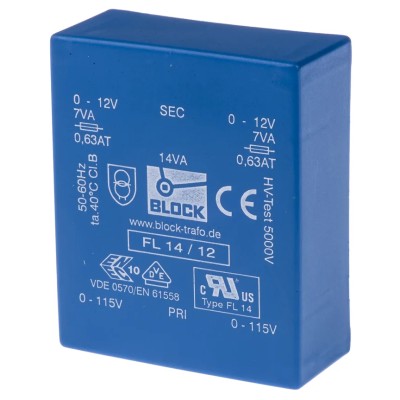 Block PCB Transformer 12 V ac Dual Secondary 14VA Pin Mount FL 14/12