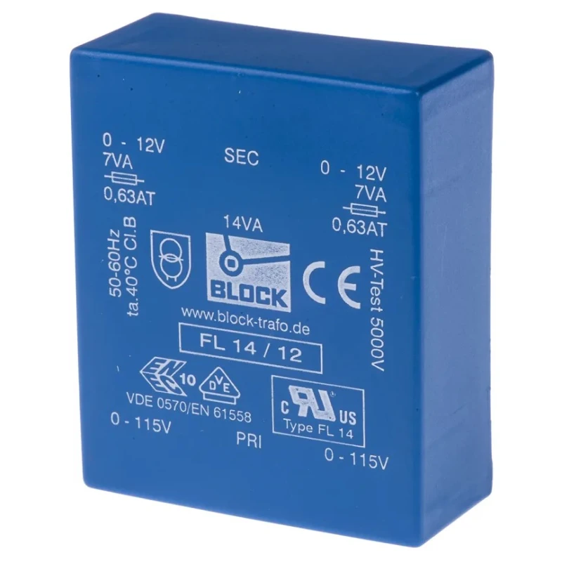 Block PCB Transformer 12 V ac Dual Secondary 14VA Pin Mount FL 14/12