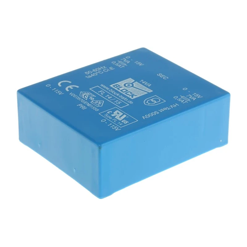 Block PCB Transformer Dual Secondary 15 V ac 2 Output Pin 115/230 V ac, 5000V Isolation FL 14/15