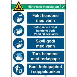 Brady Safety Wall Chart Polypropylene Hand Wash Instructions Norwegian Text 371mm x 262mm HAND WASH INST-PP-NO