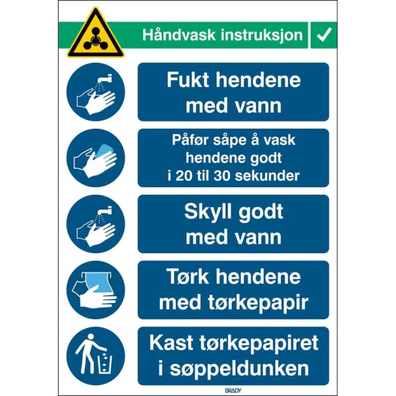 Brady Safety Wall Chart Polypropylene Hand Wash Instructions Norwegian Text 371mm x 262mm HAND WASH INST-PP-NO