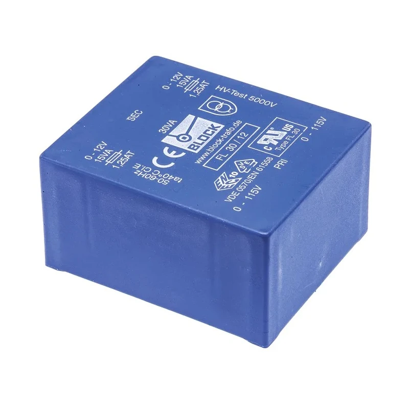Block PCB Transformer 12 V AC Dual Secondary, 2 Outputs, Pin Mount, 30VA, 115/230 V AC FL30/12