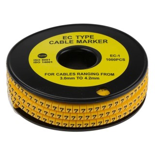 TE Connectivity EC Slide-On Cable Marker Black Pre-printed "7" Yellow, Fits 3-4.2 mm Cable, Polyvinyl Chloride 812-0824