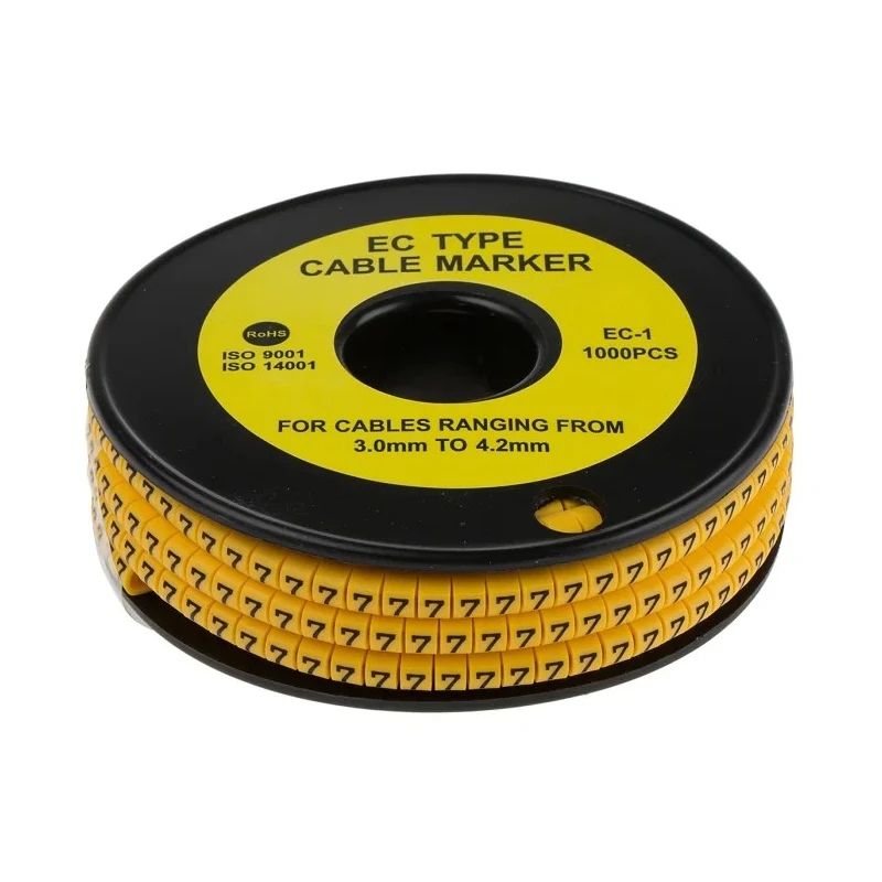 TE Connectivity EC Slide-On Cable Marker Black Pre-printed "7" Yellow, Fits 3-4.2 mm Cable, Polyvinyl Chloride 812-0824