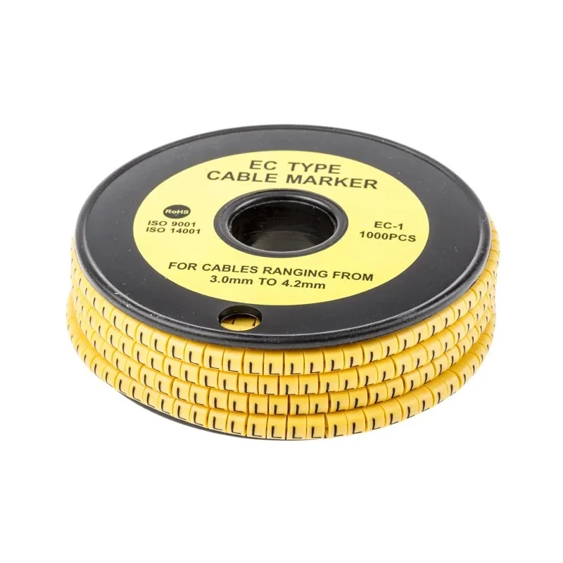 RS PRO EC Slide-On Cable Marker, Black, Pre-printed "L", 4.2 mm Maximum Cable Diameter, Yellow Marker, Polyvinyl 812-0871