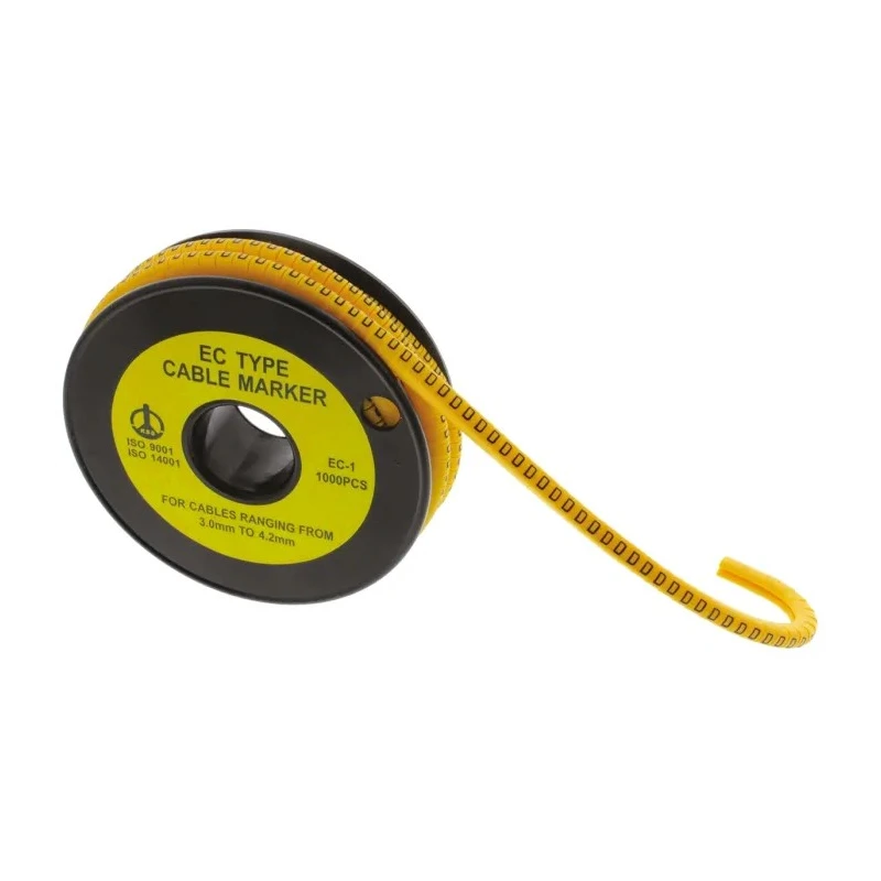 RS PRO EC Slide-On Cable Marker, Black Legend "D", Yellow Polyvinyl Chloride, 4.2 mm Max Cable Diameter, 3 mm Min 812-0846