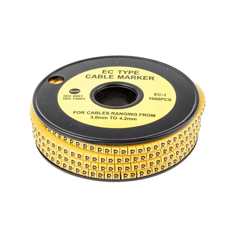 RS PRO EC Slide-On Cable Marker, Black Legend "R", Yellow PVC Material, Fits 3 mm to 4.2 mm Cable Diameter, 4 mm 812-0893
