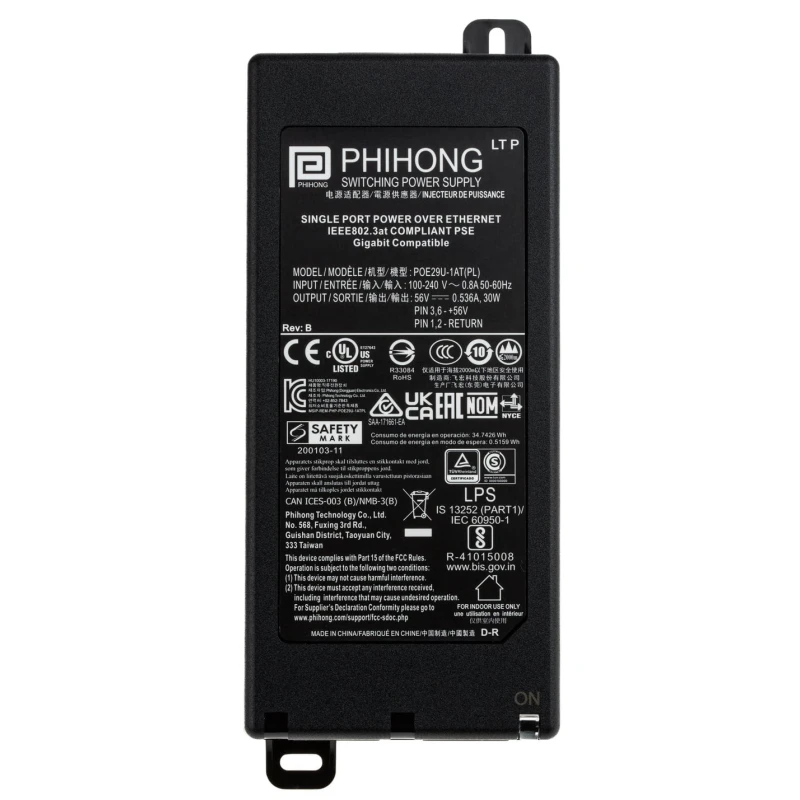 Phihong 1 Port PoE Injector 240V AC Input 30W Power 56V DC Output 536mA POE29U-1AT(PL)D